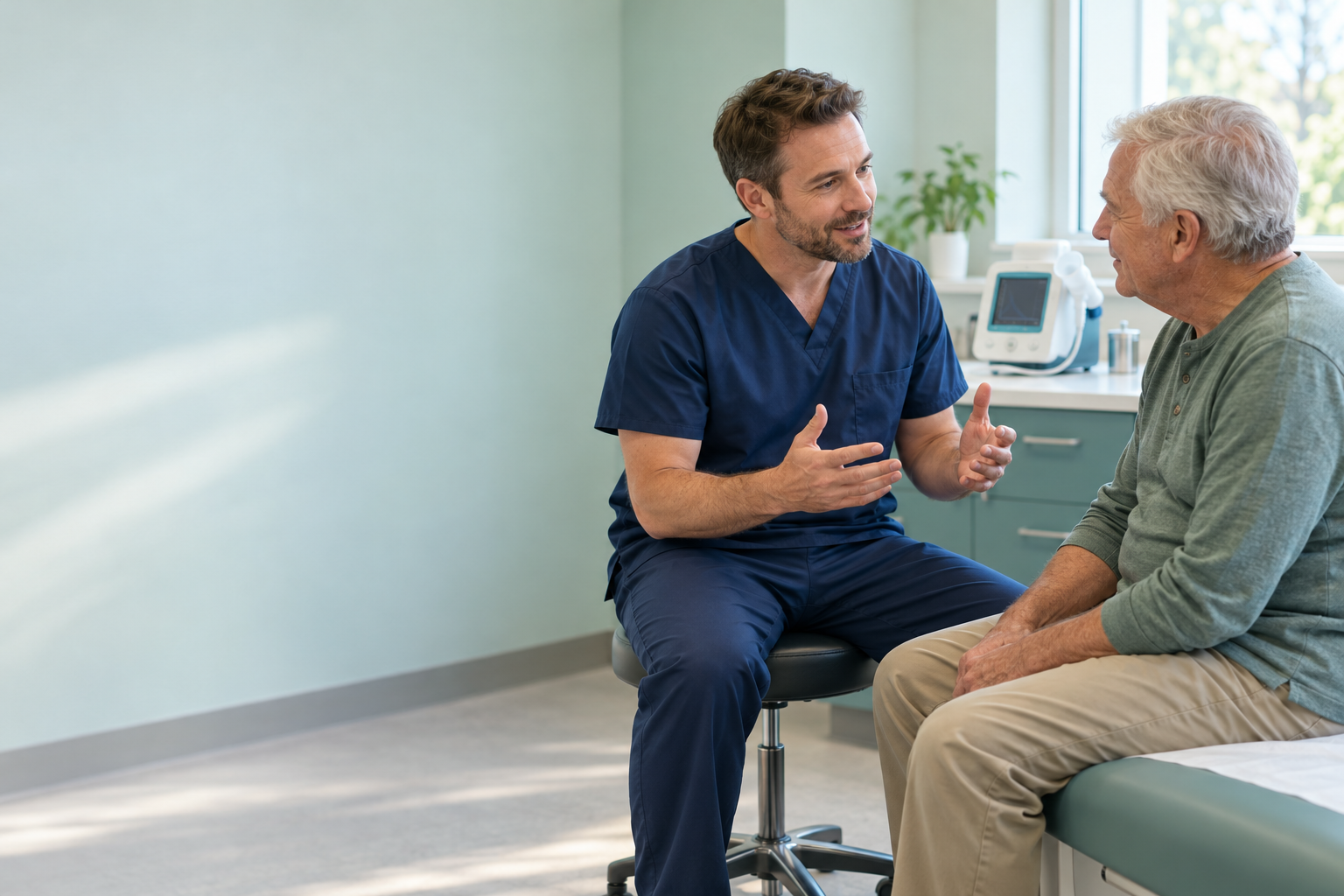 A research nurse talking with a COPD study participant